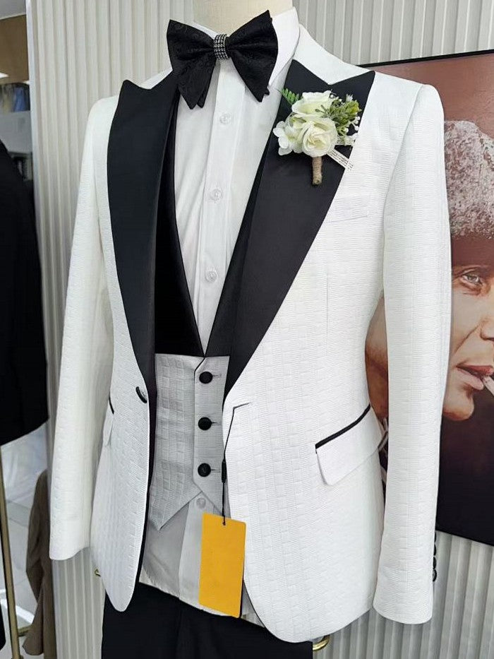 Men’s White Textured Tuxedo with Black Peak Lapel