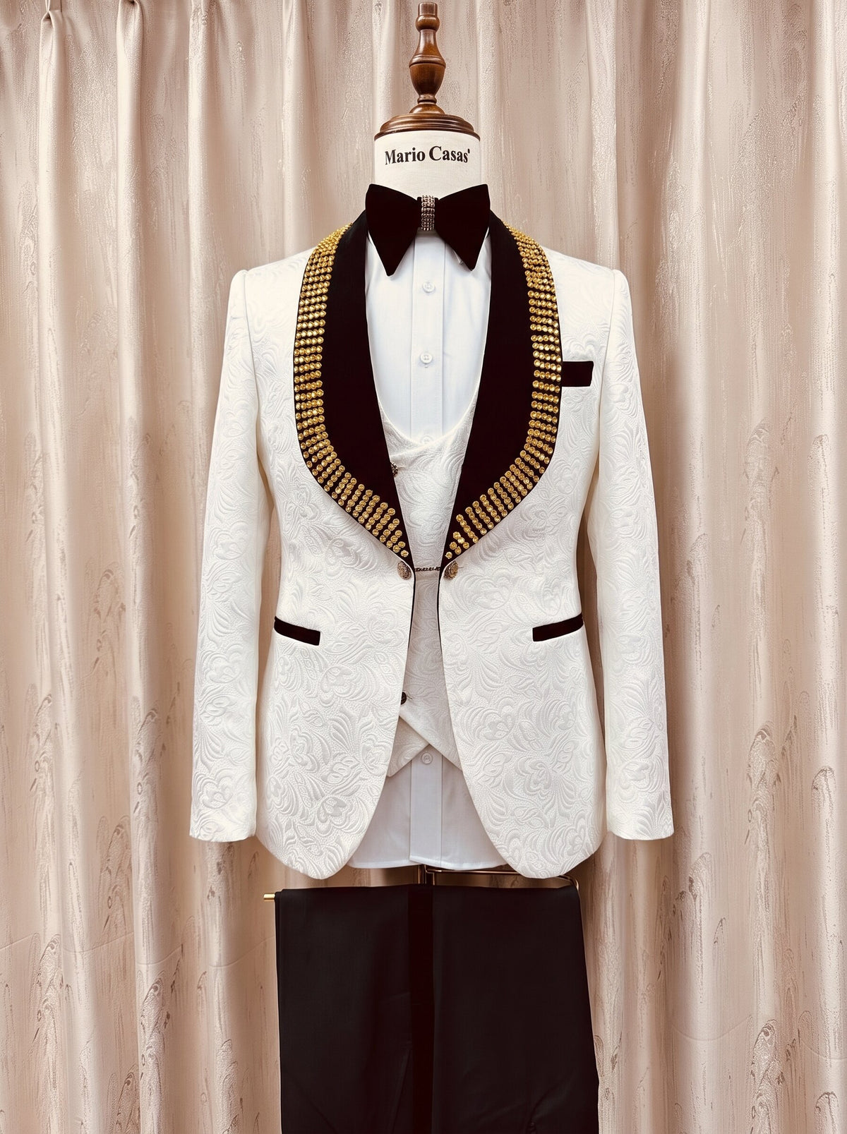 Men’s White Tuxedo Suit with Gold-Embellished Black Lapels
