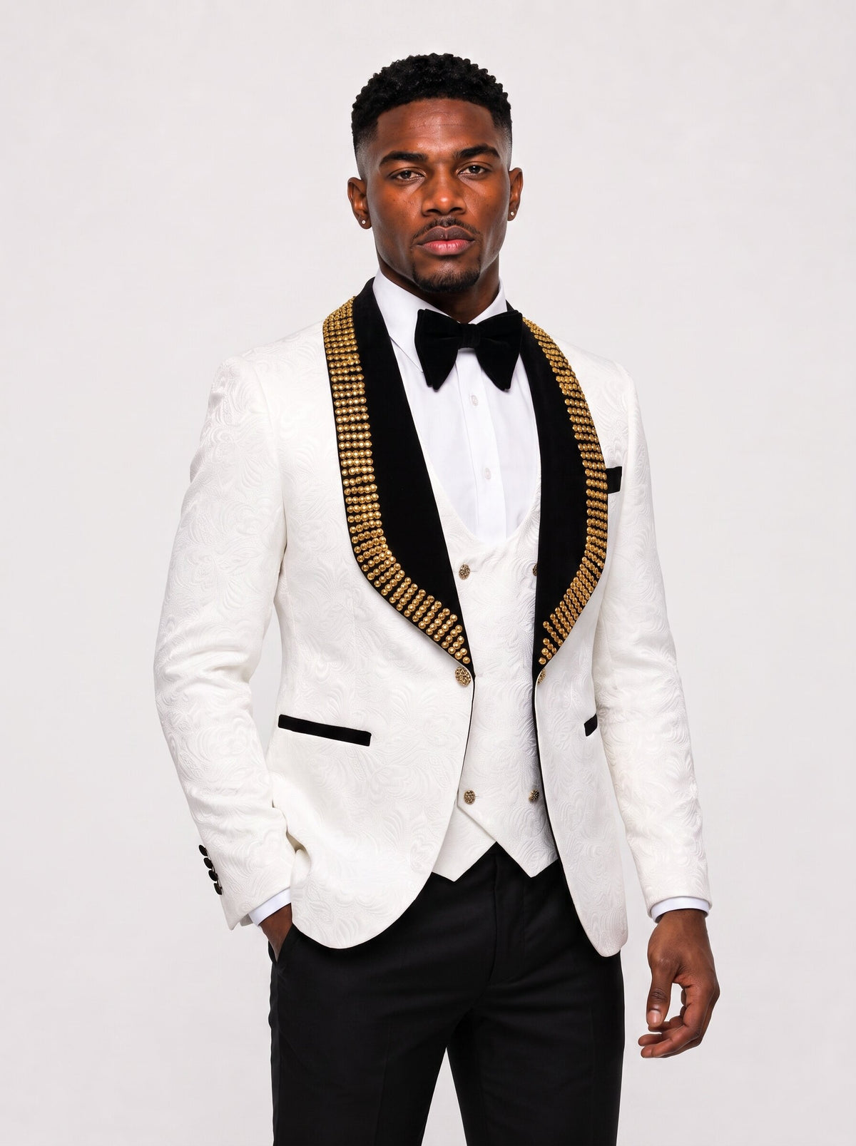 Men’s White Tuxedo Suit with Gold-Embellished Black Lapels