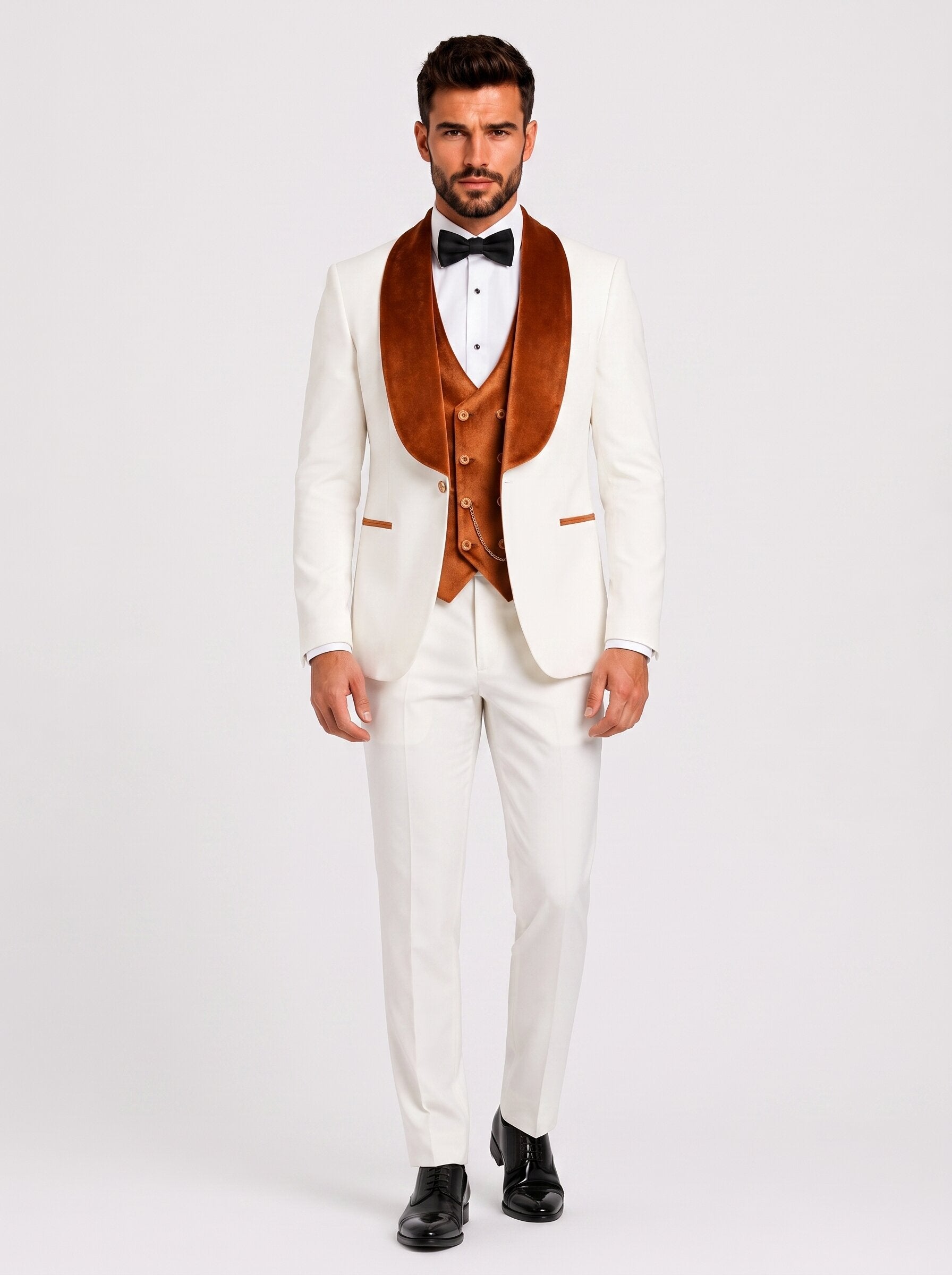 Men’s White Tuxedo with Colored Velvet Lapel 3 Piece Suit