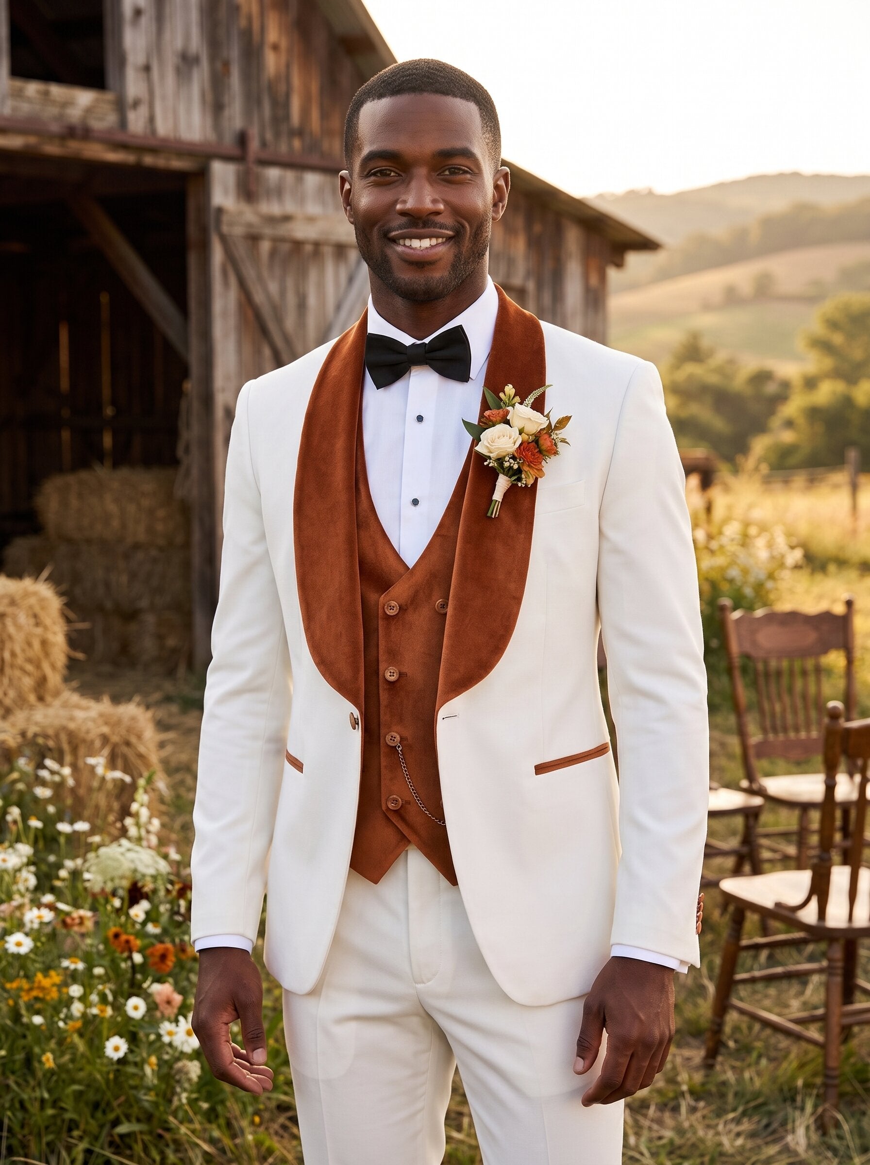 Men’s White Tuxedo with Colored Velvet Lapel 3 Piece Suit