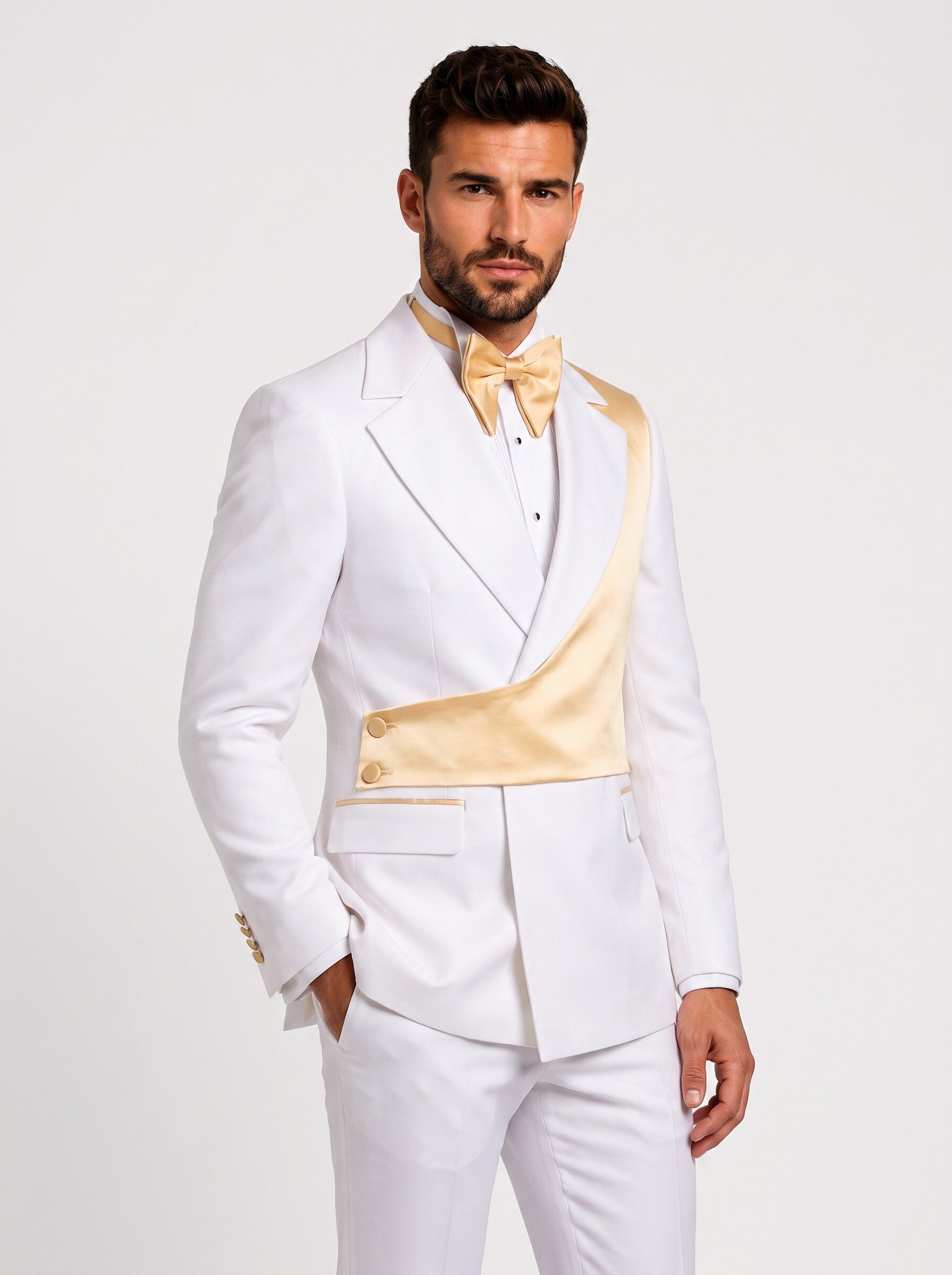 Men’s White and Gold Asymmetric Tuxedo 2 Piece Suit