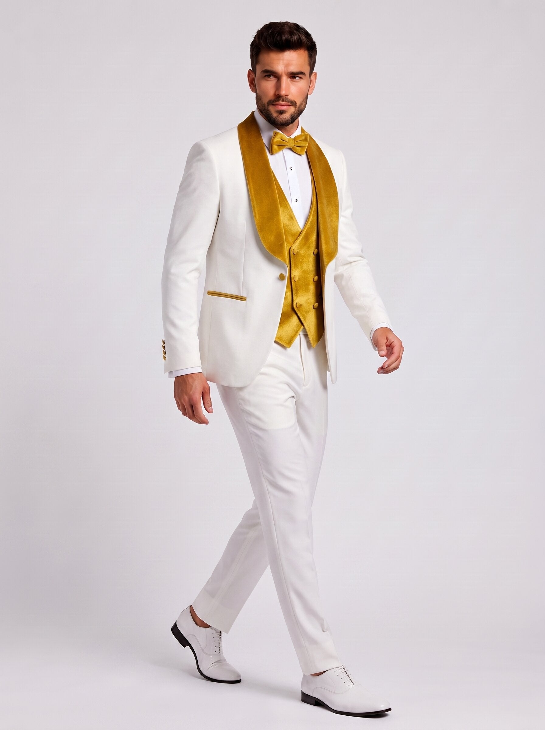 Men’s White and Gold Velvet Lapel 3 Piece Tuxedo