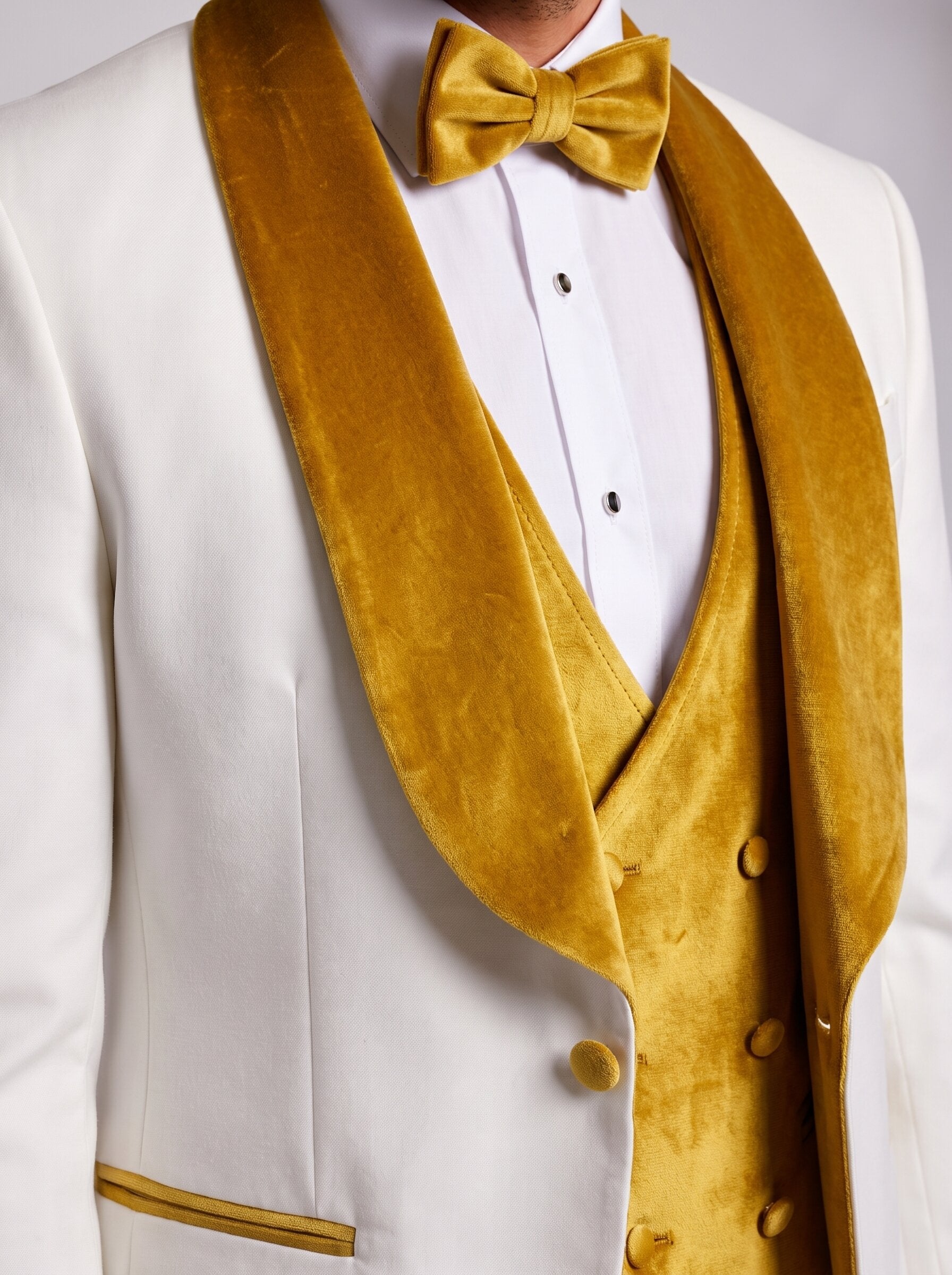 Men’s White and Gold Velvet Lapel 3 Piece Tuxedo
