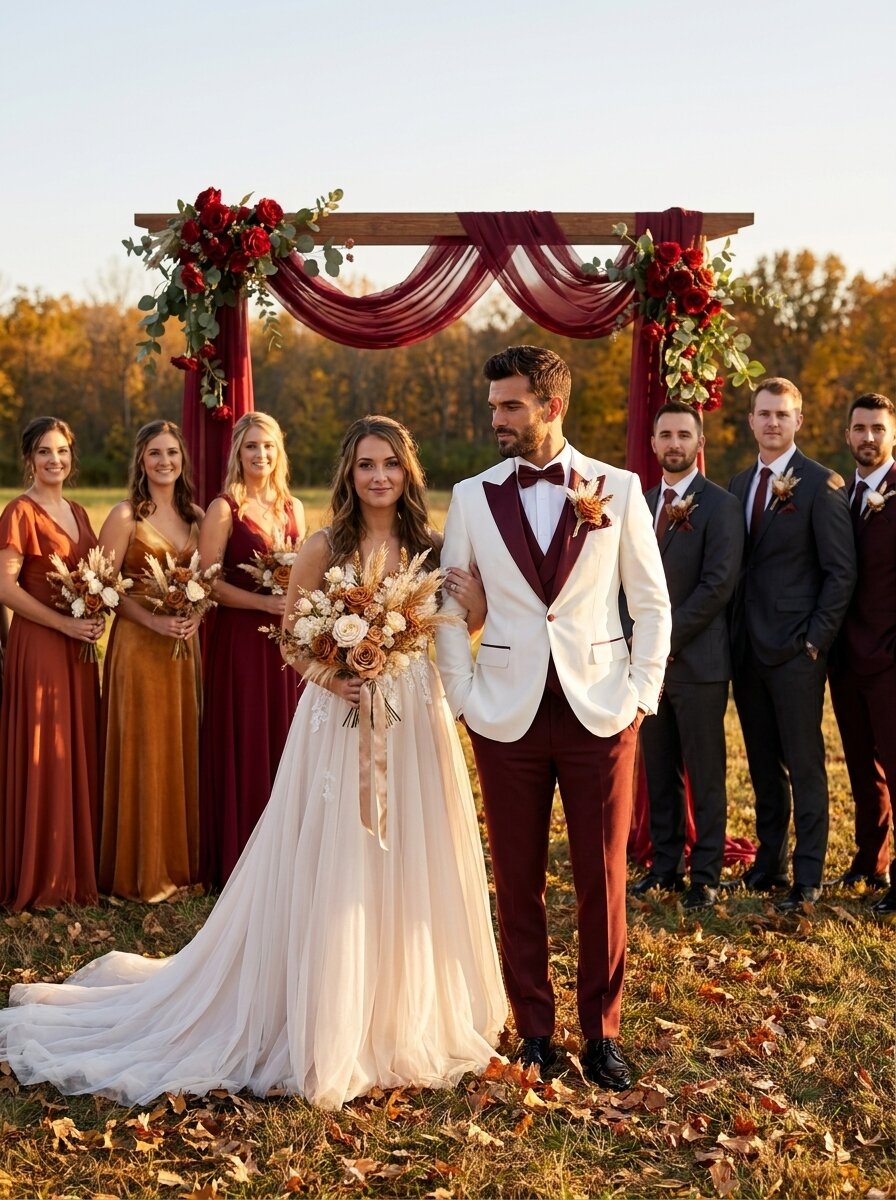 Men’s Ivory & Burgundy 3-Piece Wedding Tuxedo