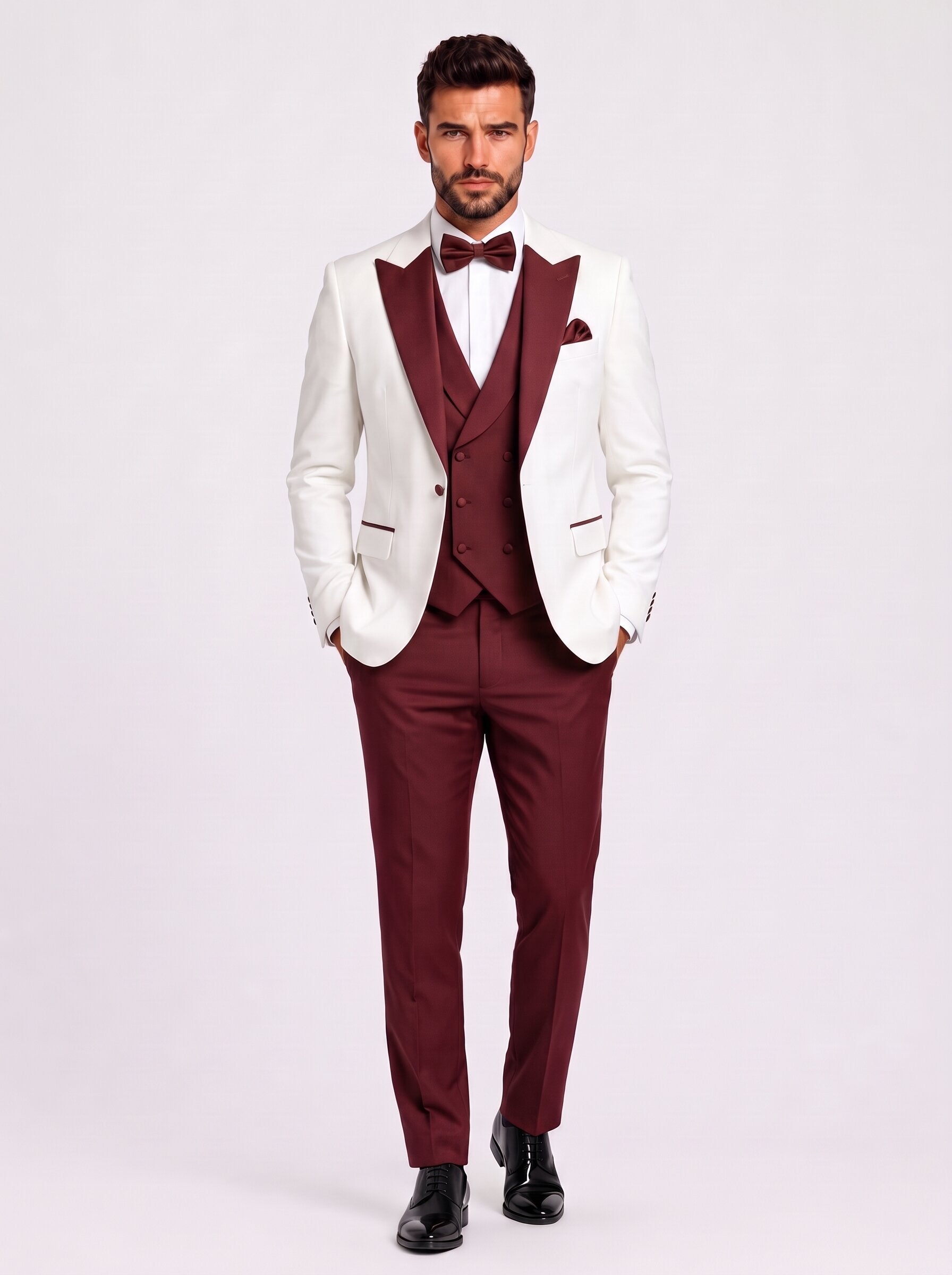 Men’s Ivory & Burgundy 3-Piece Wedding Tuxedo
