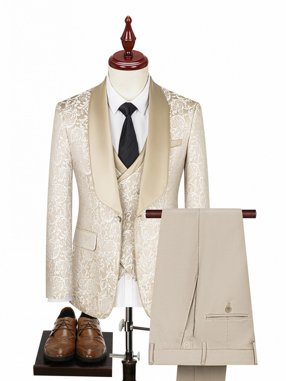 Men's 3 Piece Vintage Style Gold Damask Jacquard Suit