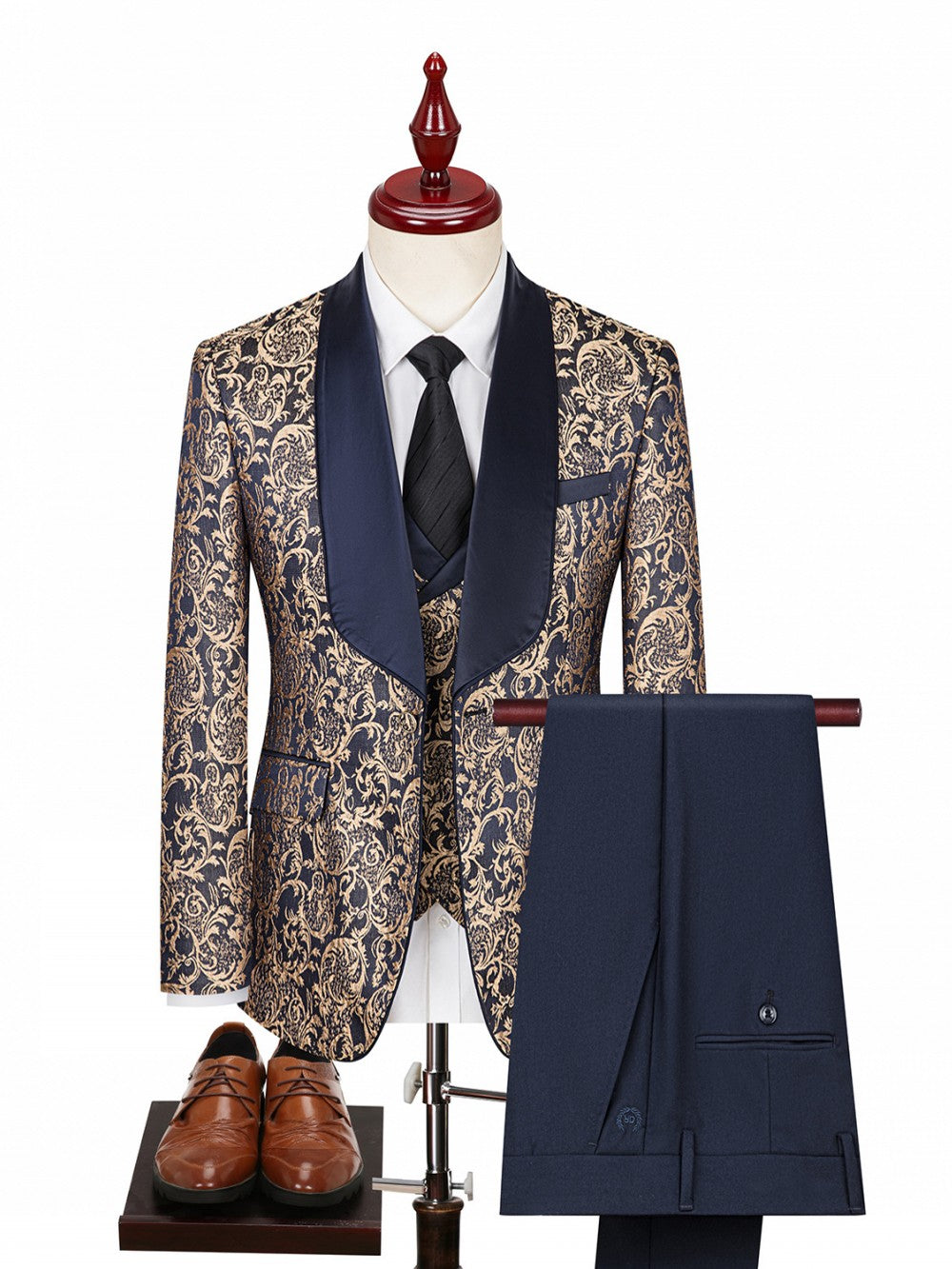 Men's 3 Piece Vintage Style Gold Damask Jacquard Suit