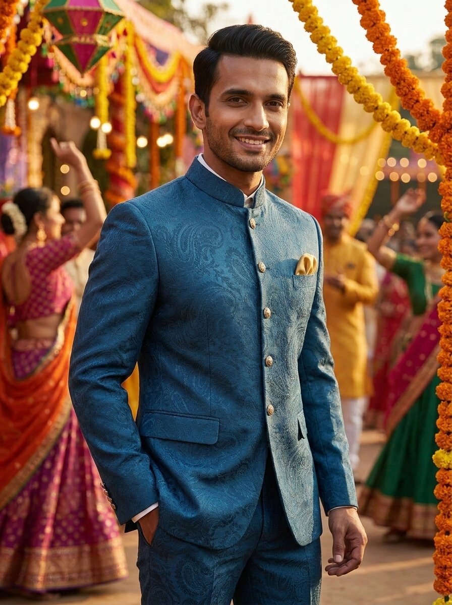 Teal Paisley Nehru Suits