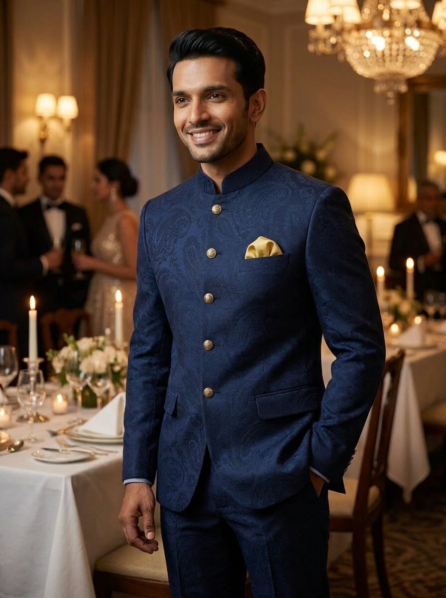 Midnight Blue Paisley Nehru Suits