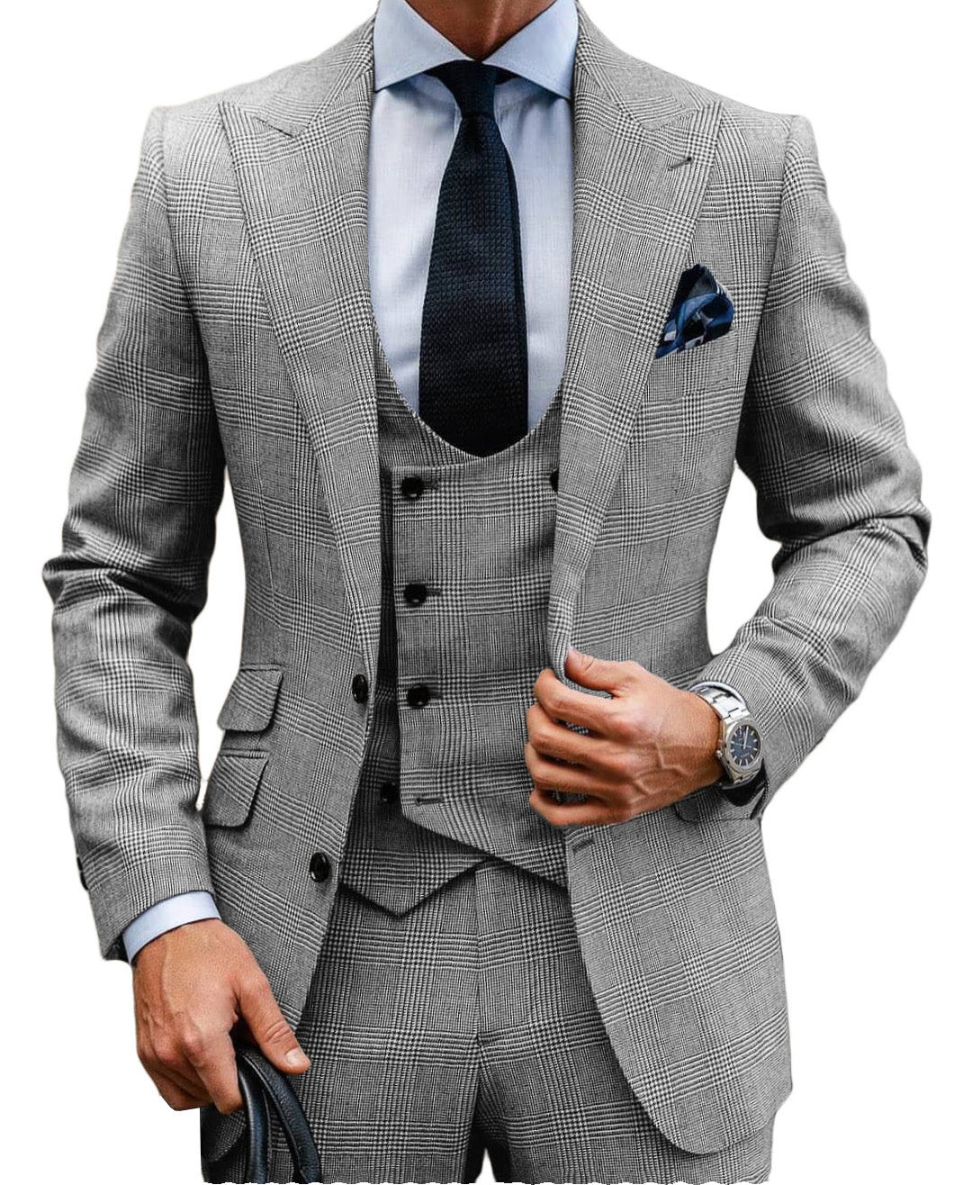 Moranx Mens Regular Fit 3 Piece Wool Checked Suit (Jacket + Pants + Vest)