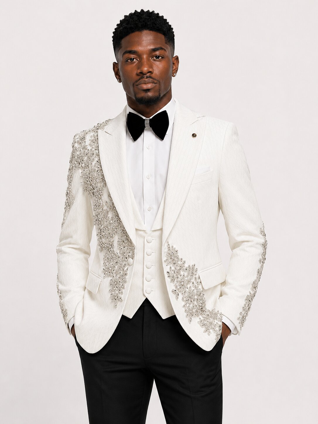 White Jacquard Rhinestone 3 Piece Groom Tuxedo