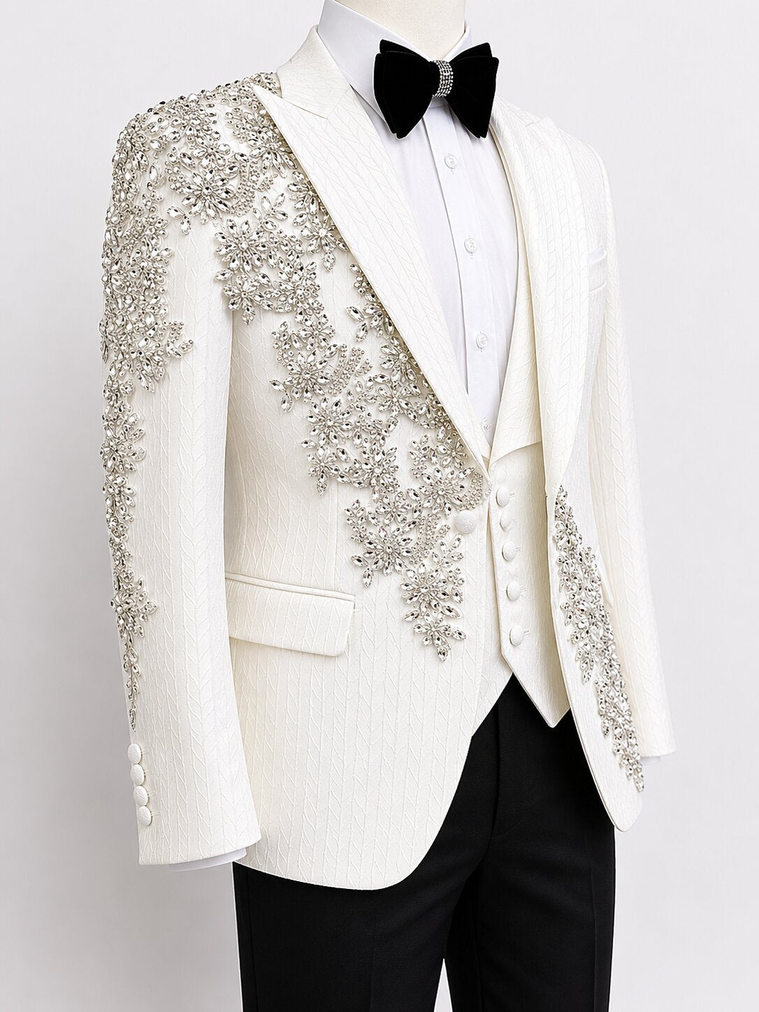 White Jacquard Rhinestone 3 Piece Groom Tuxedo