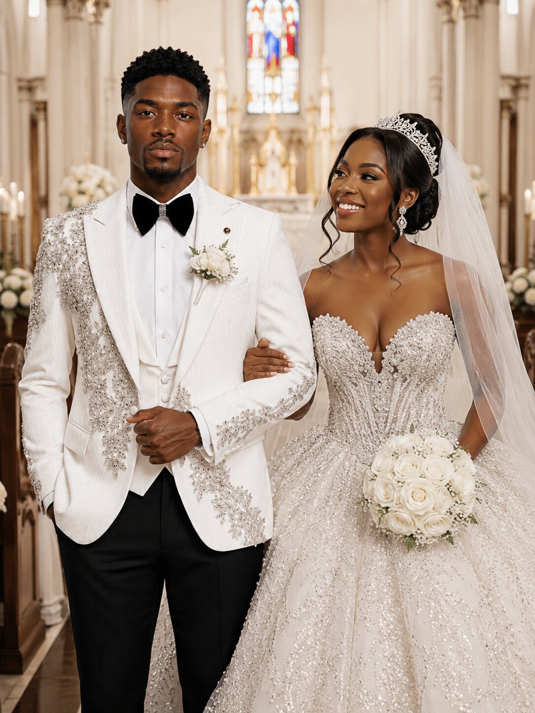 White Jacquard Rhinestone 3 Piece Groom Tuxedo