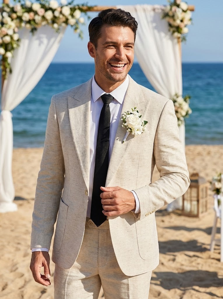 Men’s Beige Linen Suit Lightweight Breathable Summer Wedding