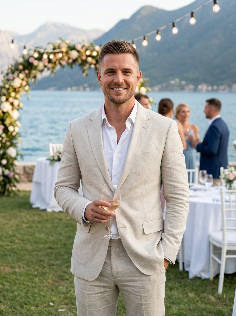 Men's Modern Linen Suit Set - Beige Groom & Groomsmen Suits