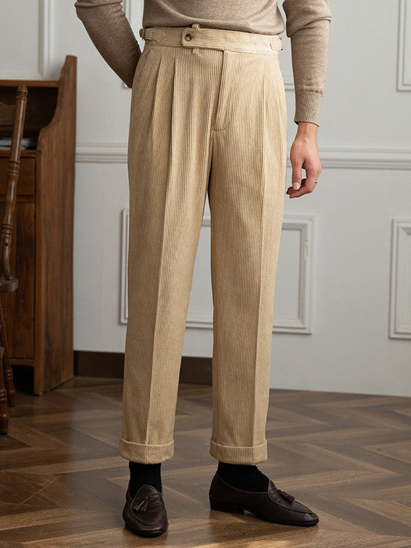 Men's Italian Style Corduroy Naples Suit Pants High-waisted Adjustable Belt Straight Fall Trousers