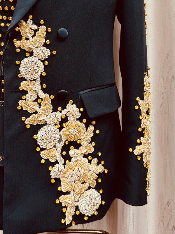 Black suit with gold rhinestone accents
