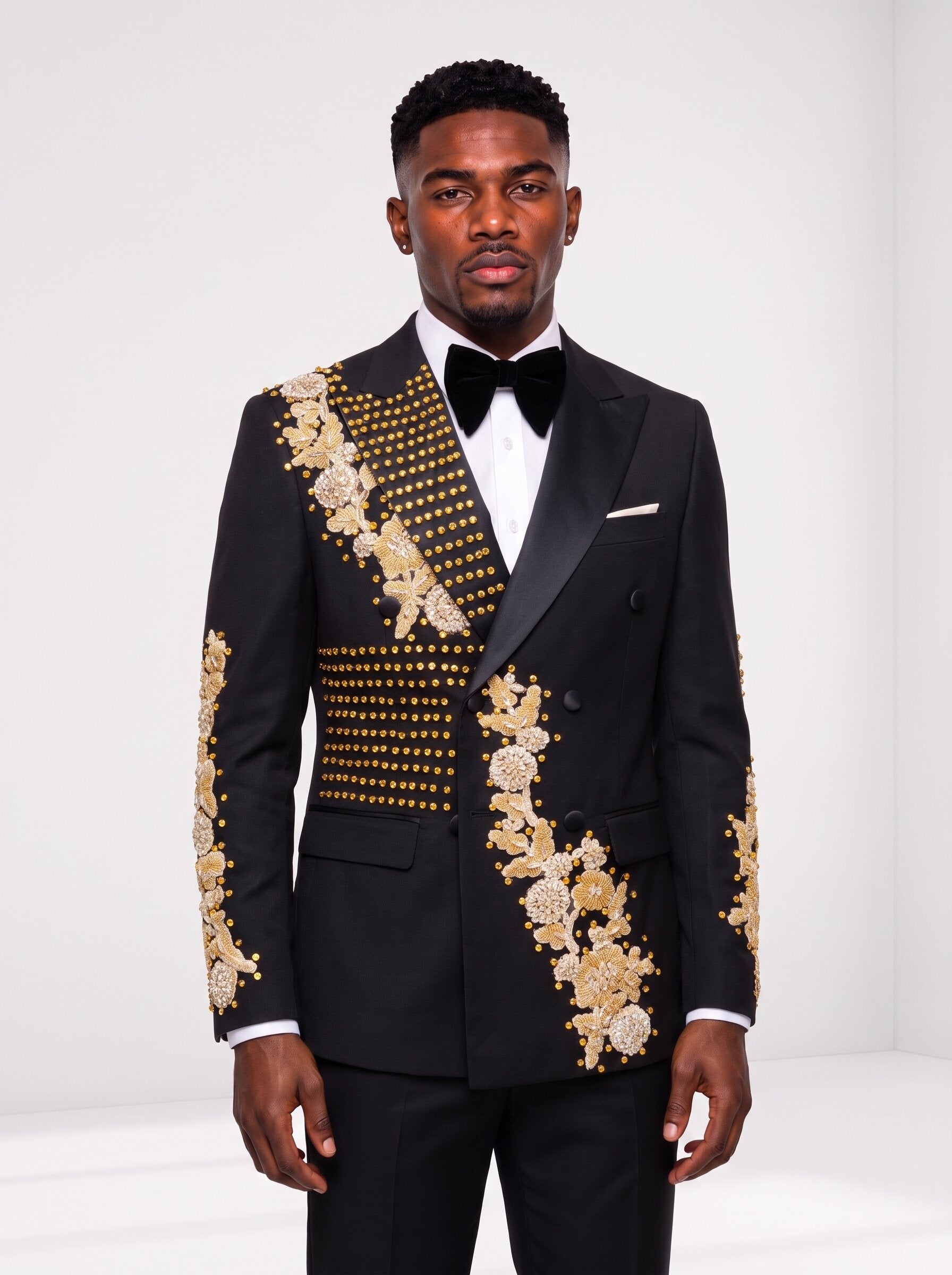 Black suit with gold rhinestone accents