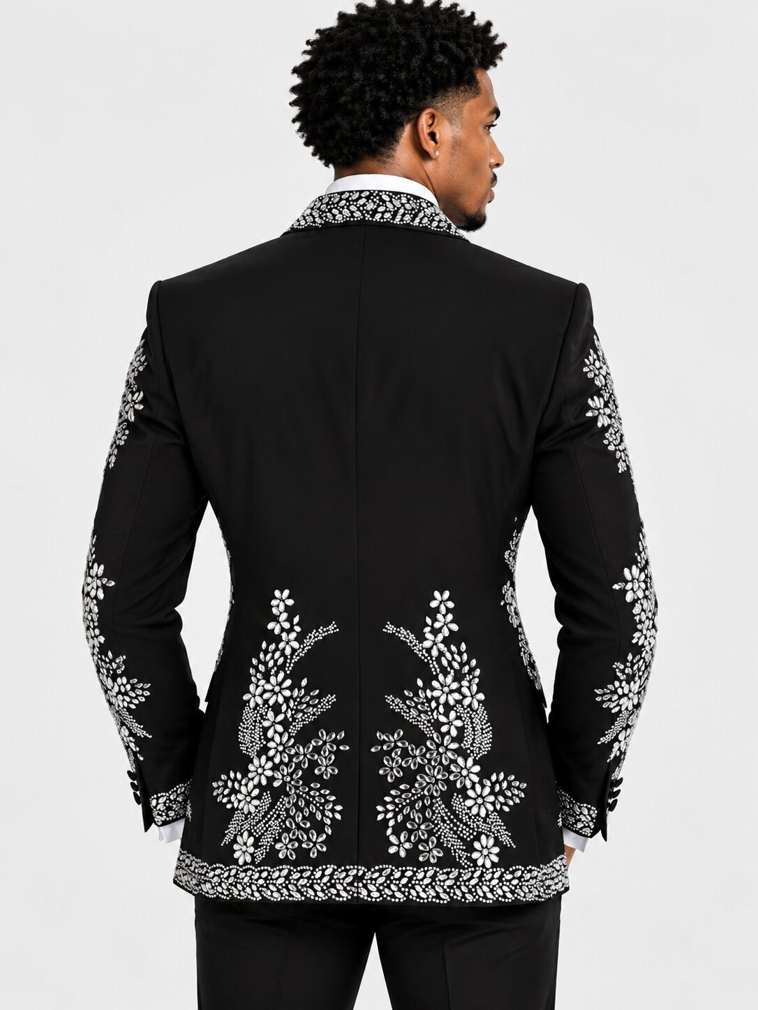 3-Piece Hand-Made Black Silver Floral Rhinestone Embroidered Tuxedo
