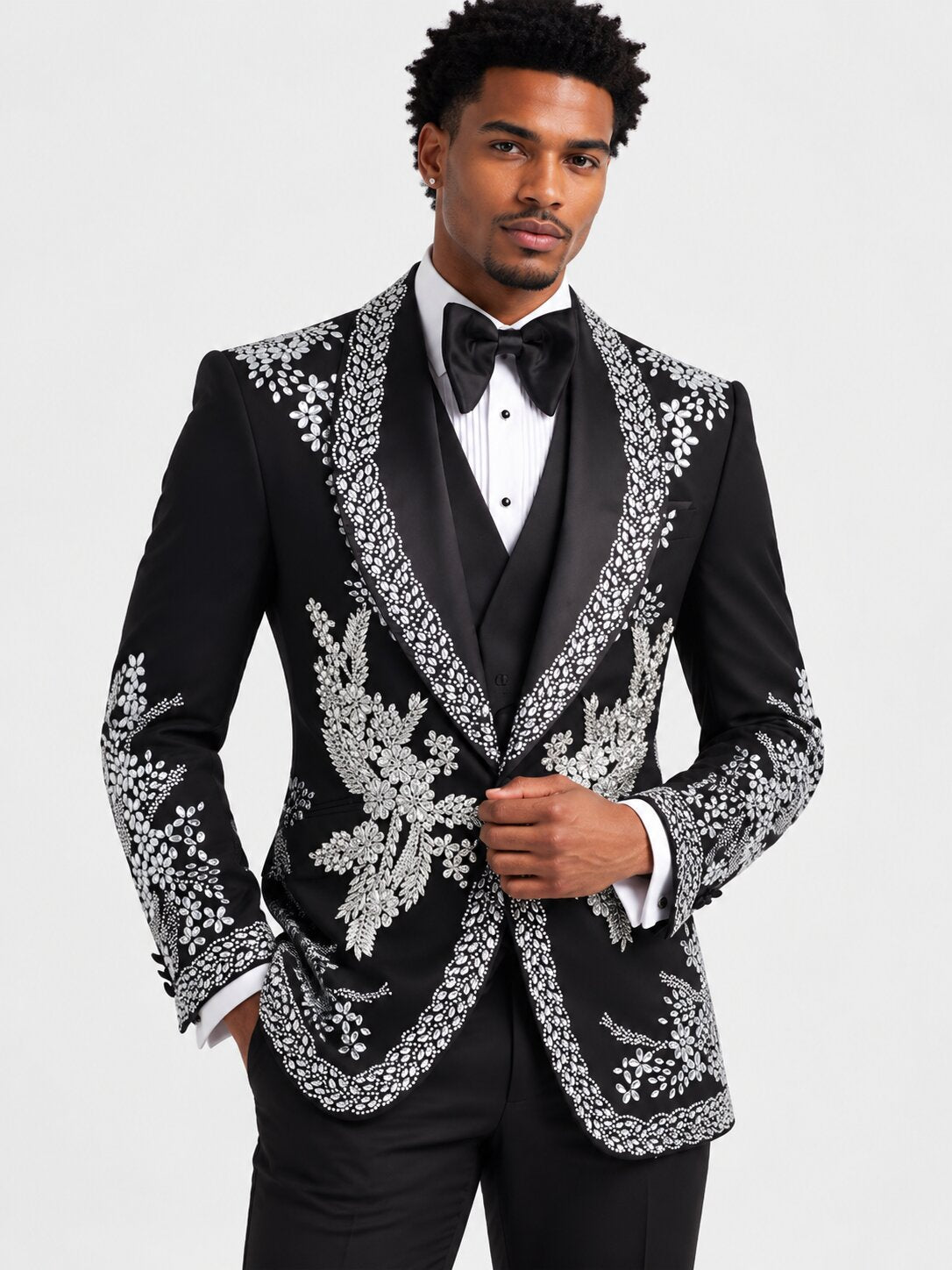 3-Piece Hand-Made Black Silver Floral Rhinestone Embroidered Tuxedo