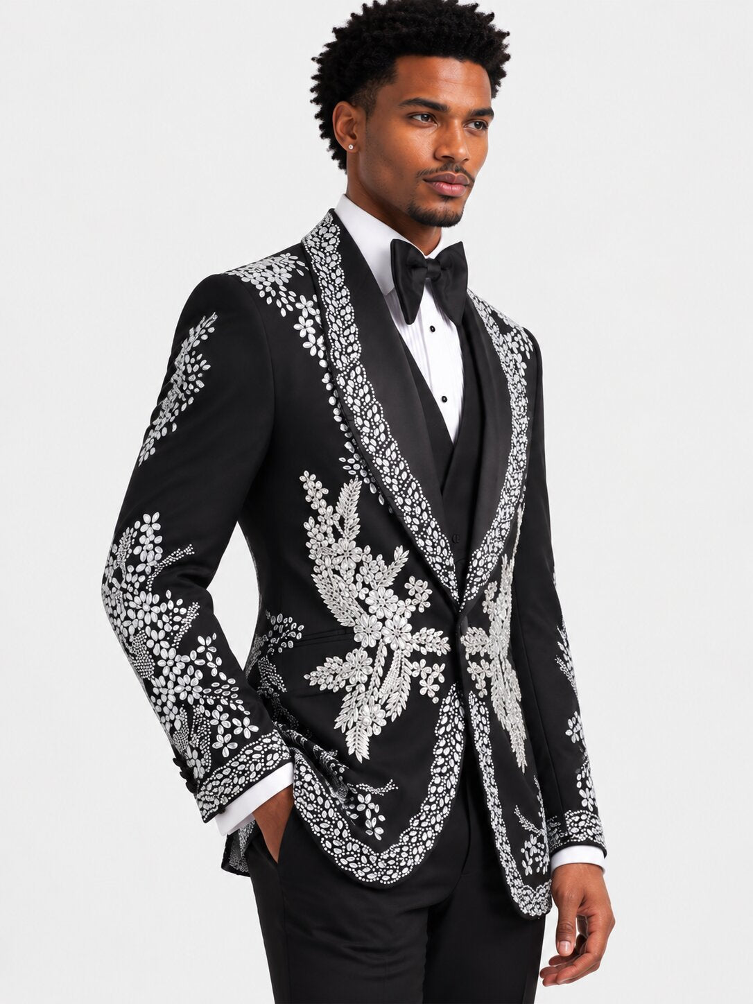3-Piece Hand-Made Black Silver Floral Rhinestone Embroidered Tuxedo