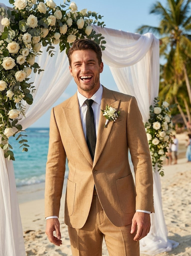 Brown Men’s Linen Summer Wedding Suit One Button