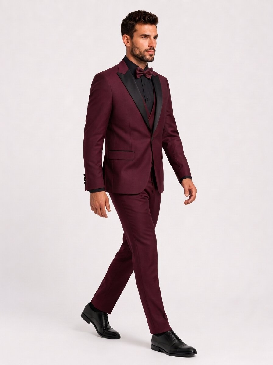 Men's Burgundy with Black Lapel Suit