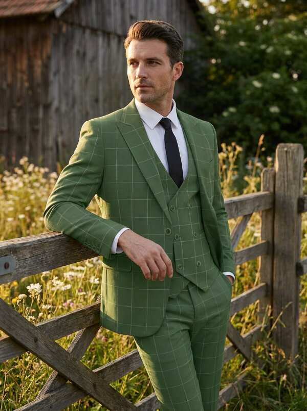 Men's 3 Piece Slim Fit Checked Suit