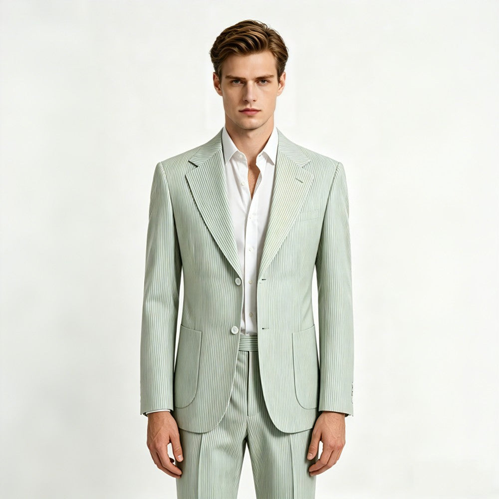 Men’s Pinstripe Seersucker Suit – Lightweight Summer Wedding Suit for Beach & Outdoor Events