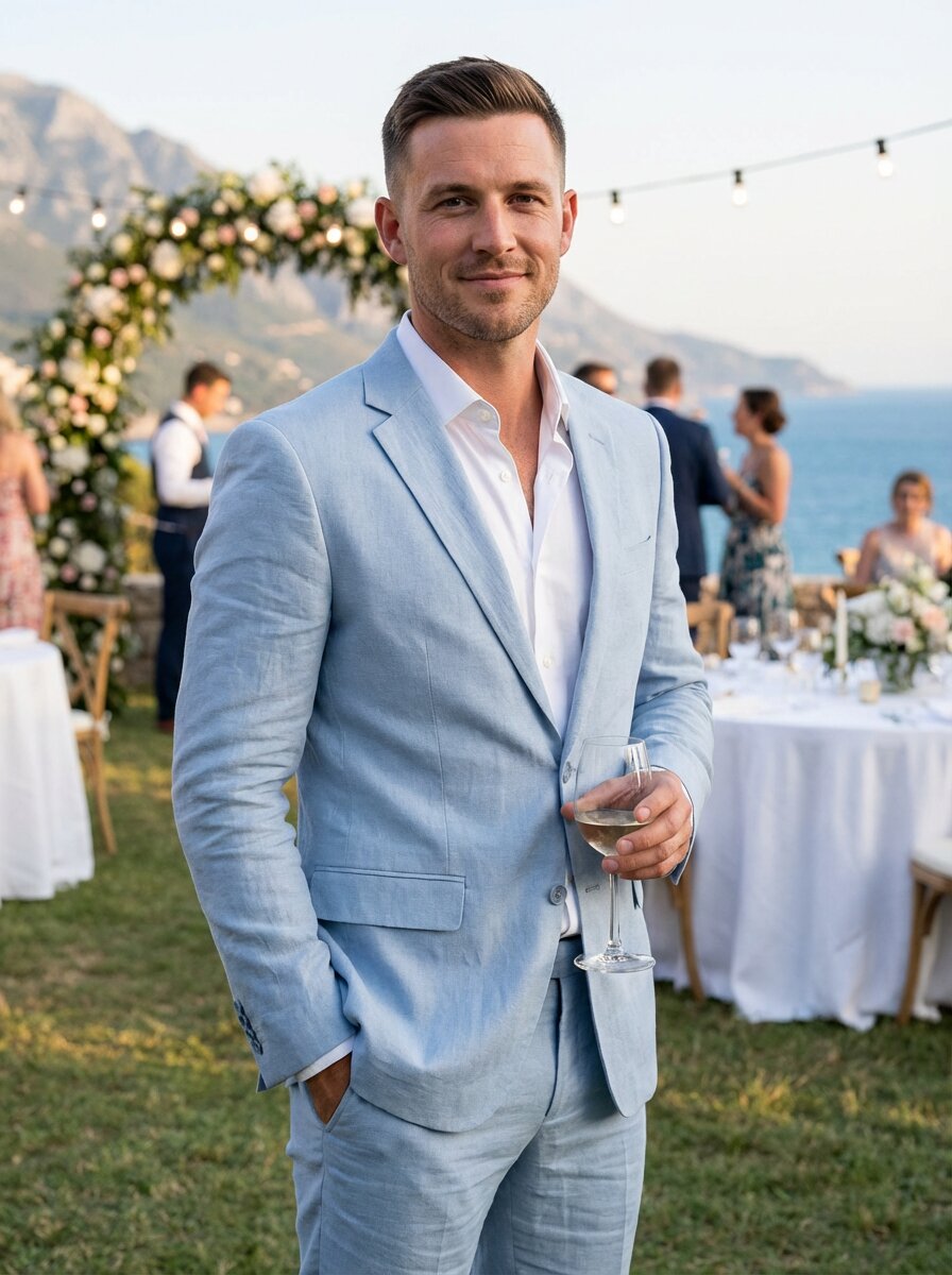 Men's Modern Fit Light Blue Linen Suit - Lightweight Two Piece Jacket and Pants