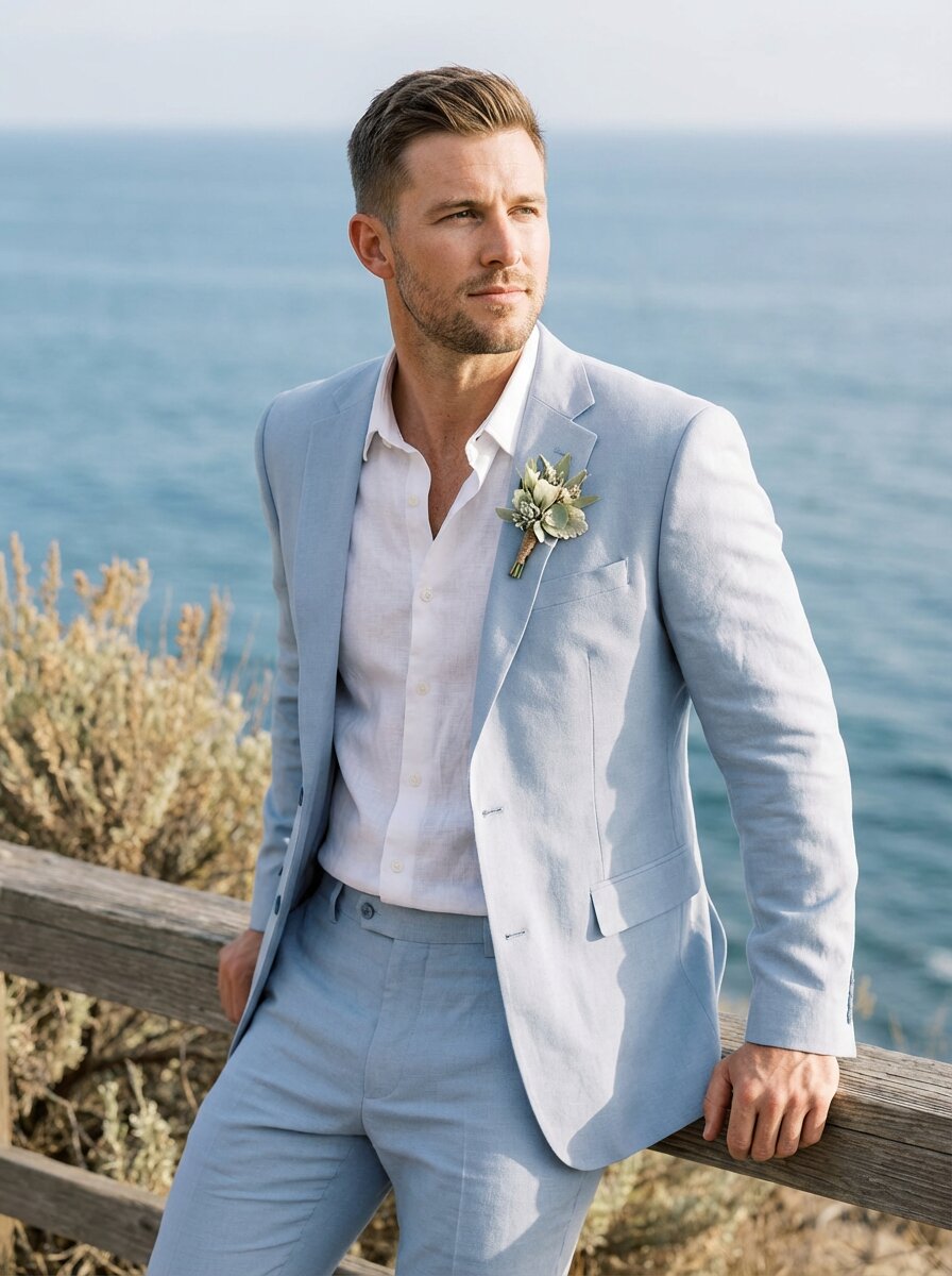 Men's Modern Fit Light Blue Linen Suit - Lightweight Two Piece Jacket and Pants