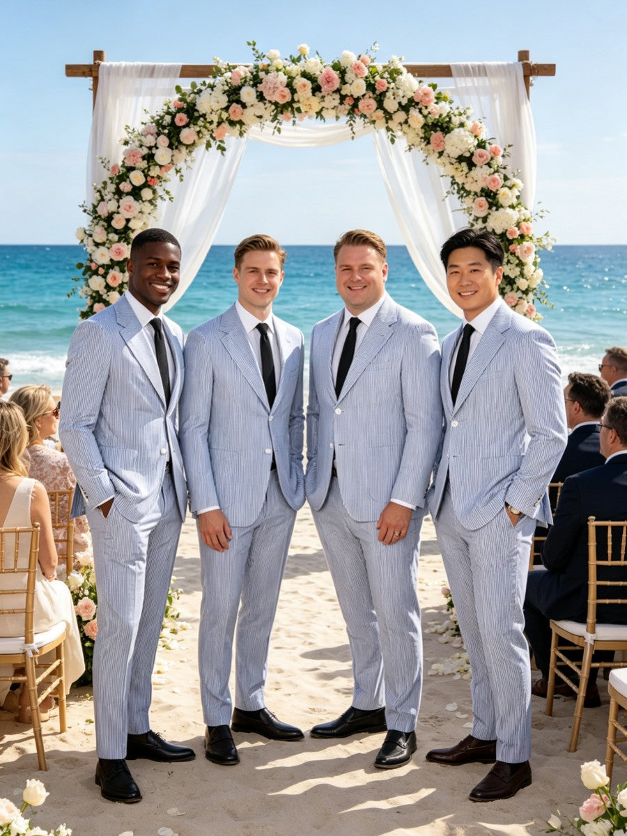 Men’s Pinstripe Seersucker Suit – Lightweight Breathable Summer Suit