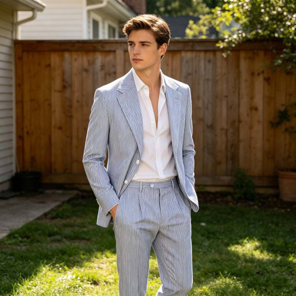 Men’s Pinstripe Seersucker Suit – Lightweight Breathable Summer Suit
