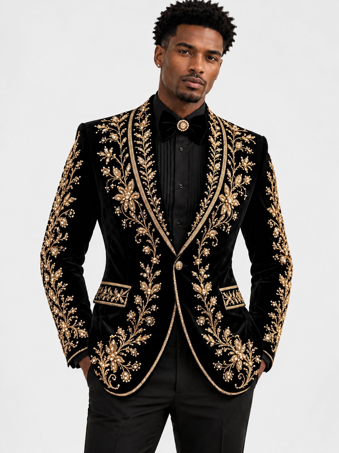 Men's 2-Piece Black Velvet Gold Embroidered Tuxedo