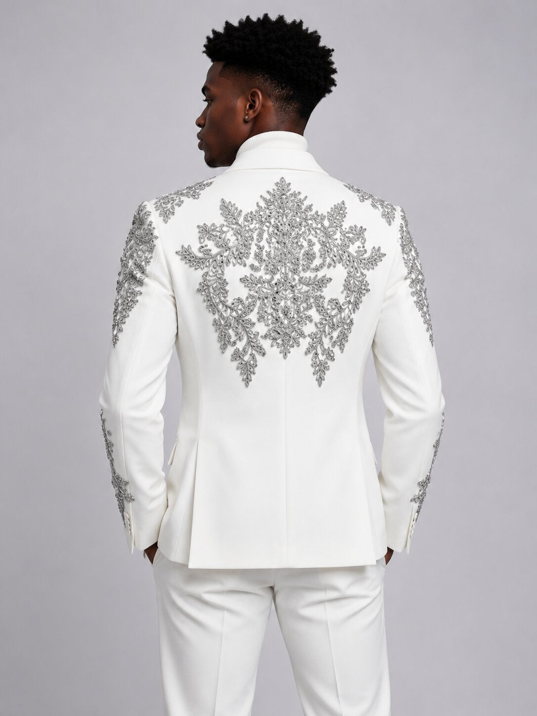 Men's 2 Piece Silver Floral Embroidered Tuxedo Suit