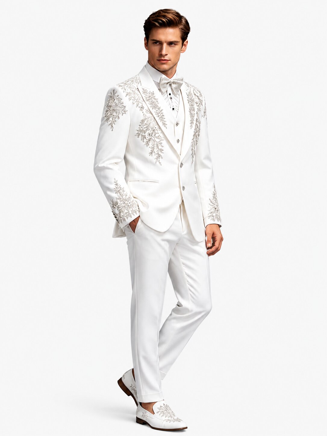 Men's 3-Piece White Tuxedo Suit with Silver Floral Embroidery