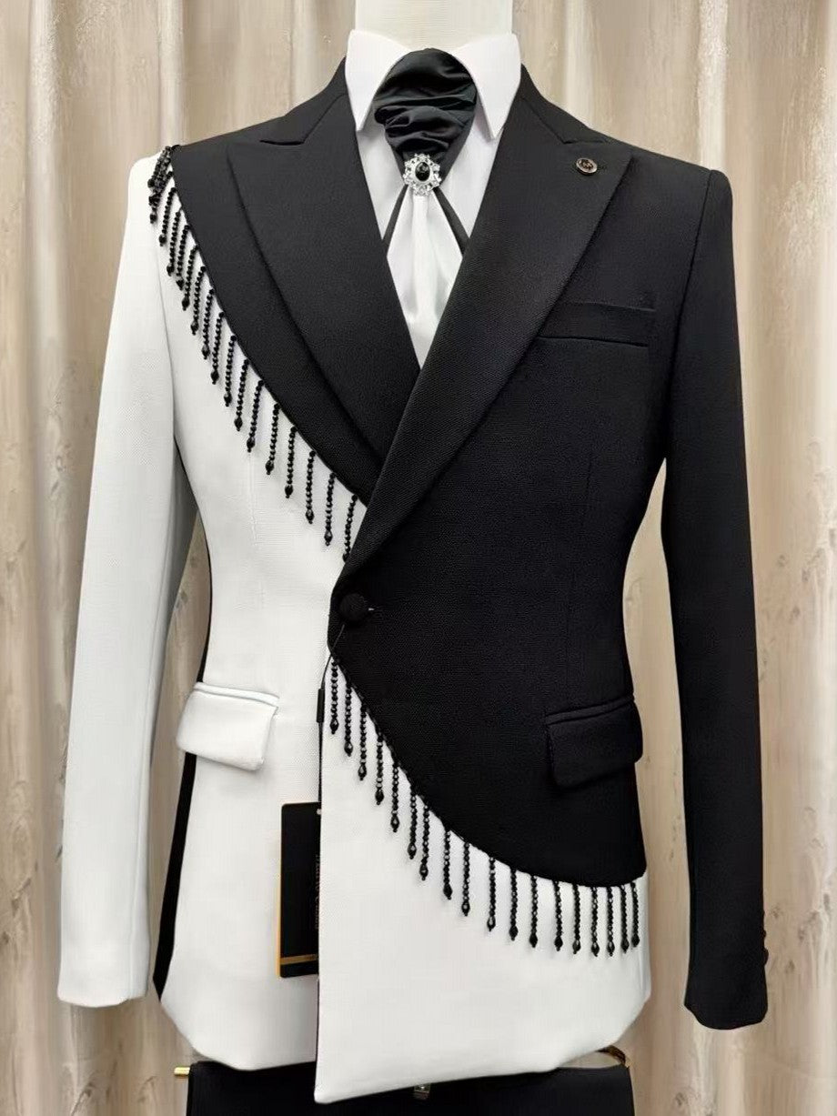 Asymmetric Black & White Fringe 2 Piece Suit