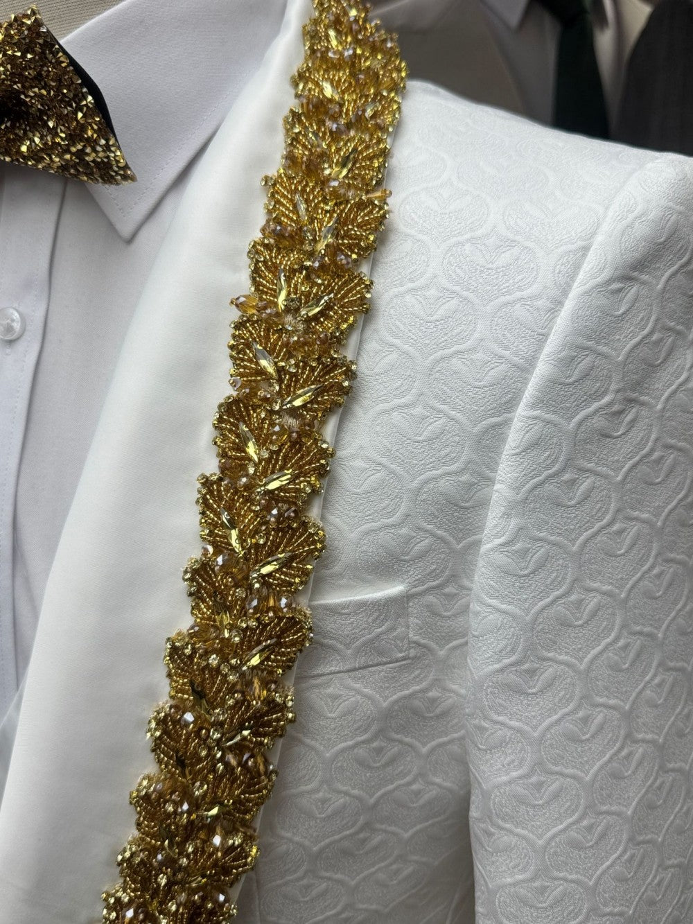 White Jacquard 3 Piece Tuxedo with Gold Beads Trim