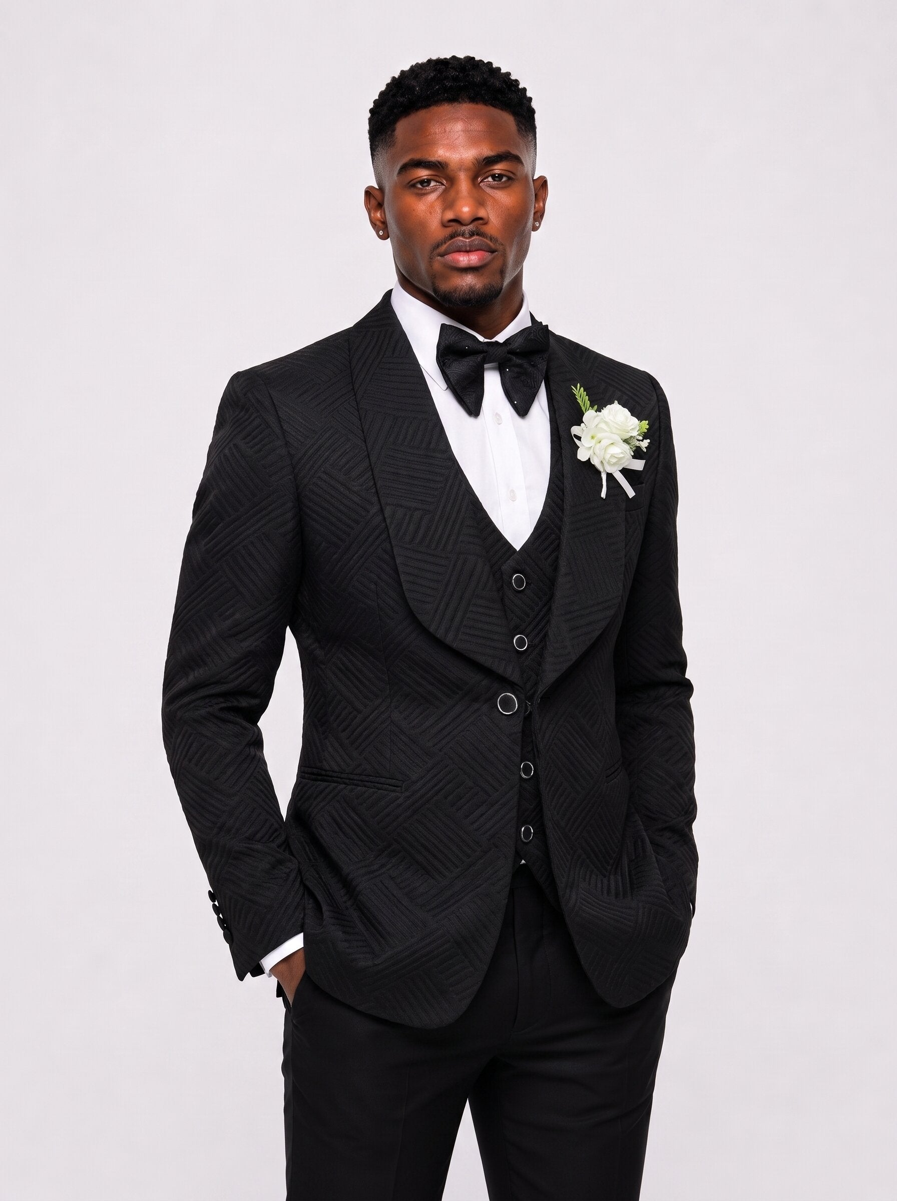 Men's Geometric Textured 3 Piece Tuxedo Suit Black