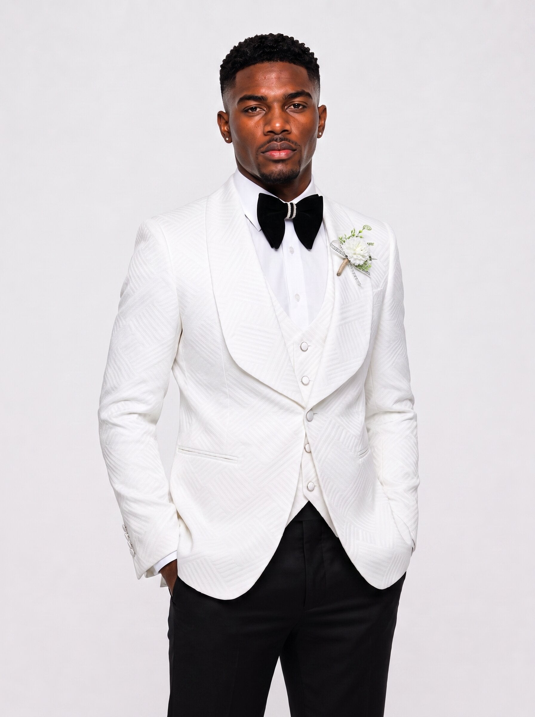 Men's Geometric Textured 3 Piece Tuxedo Suit White