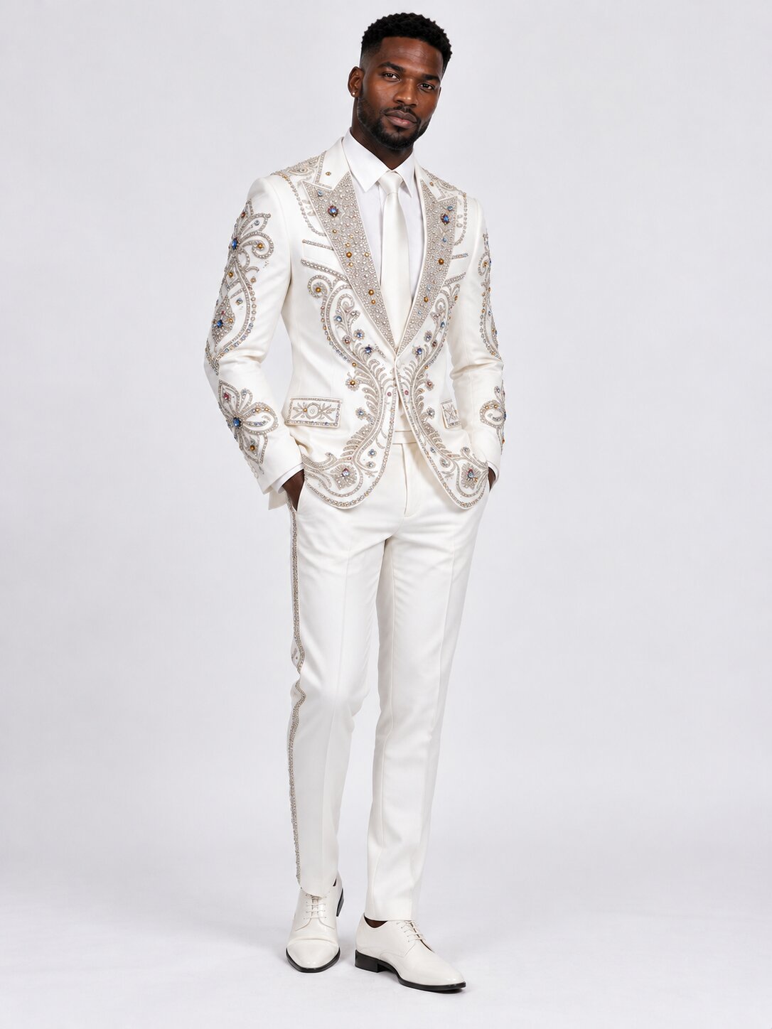 Men's Ivory Embroidered Tuxedo with Crystal Detailing