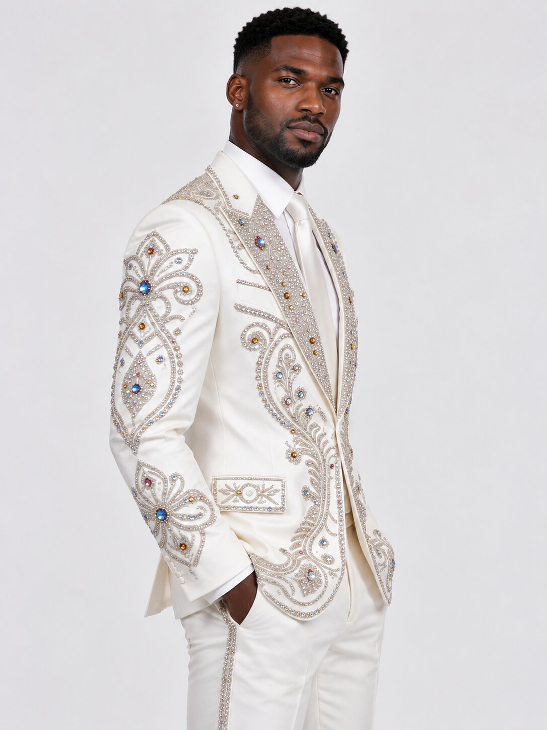 Men's Ivory Embroidered Tuxedo with Crystal Detailing