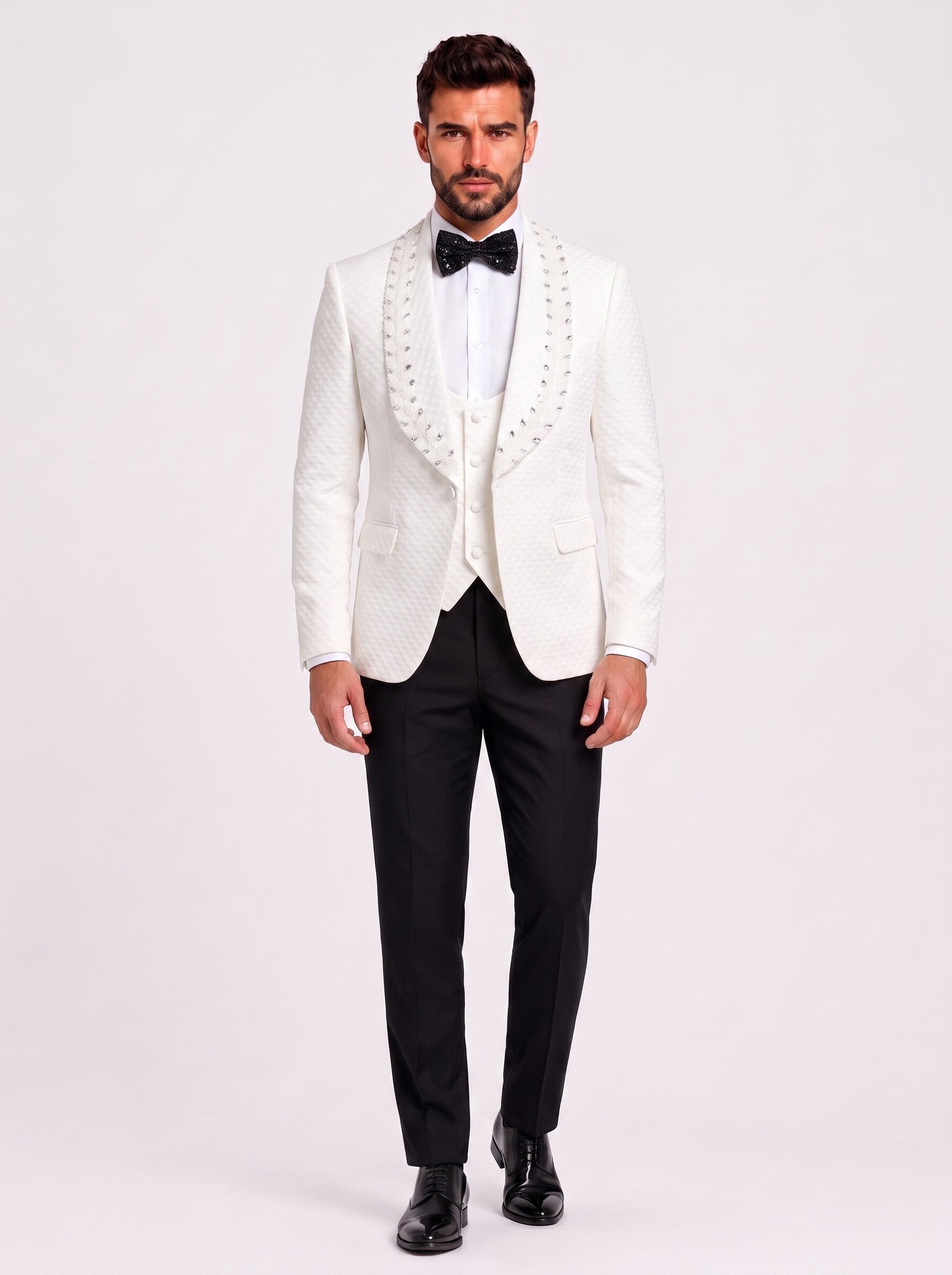Men’s White Jacquard Rhinestone 3-Piece Tuxedo Suit