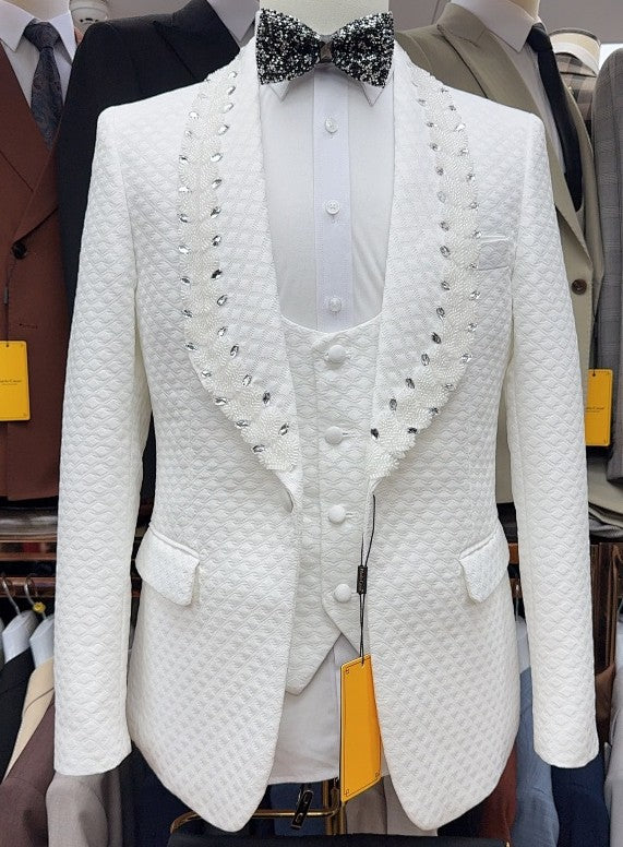 Men’s White Jacquard Rhinestone 3-Piece Tuxedo Suit