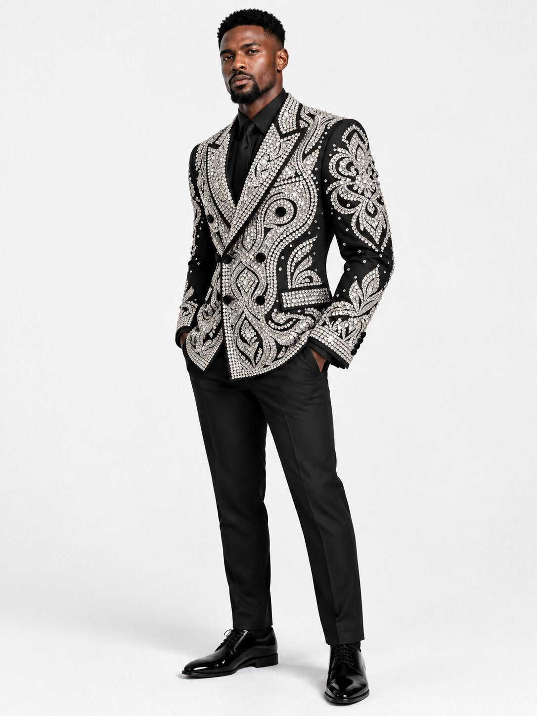 Men's Midnigh Black 2-Piece Suit with Hand-Made Silver Crystal Embroidery