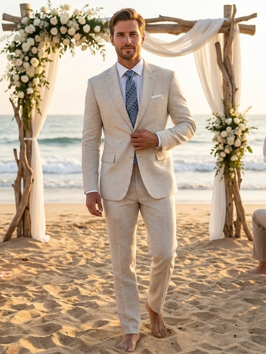 Men's Modern Linen Suit Set - Beige Groom & Groomsmen Suits