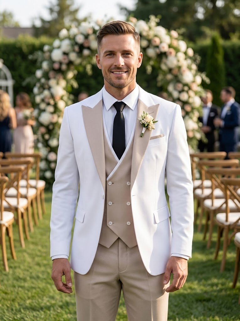 Men's 3 Piece Slim Fit Suit Contrasted Lapel