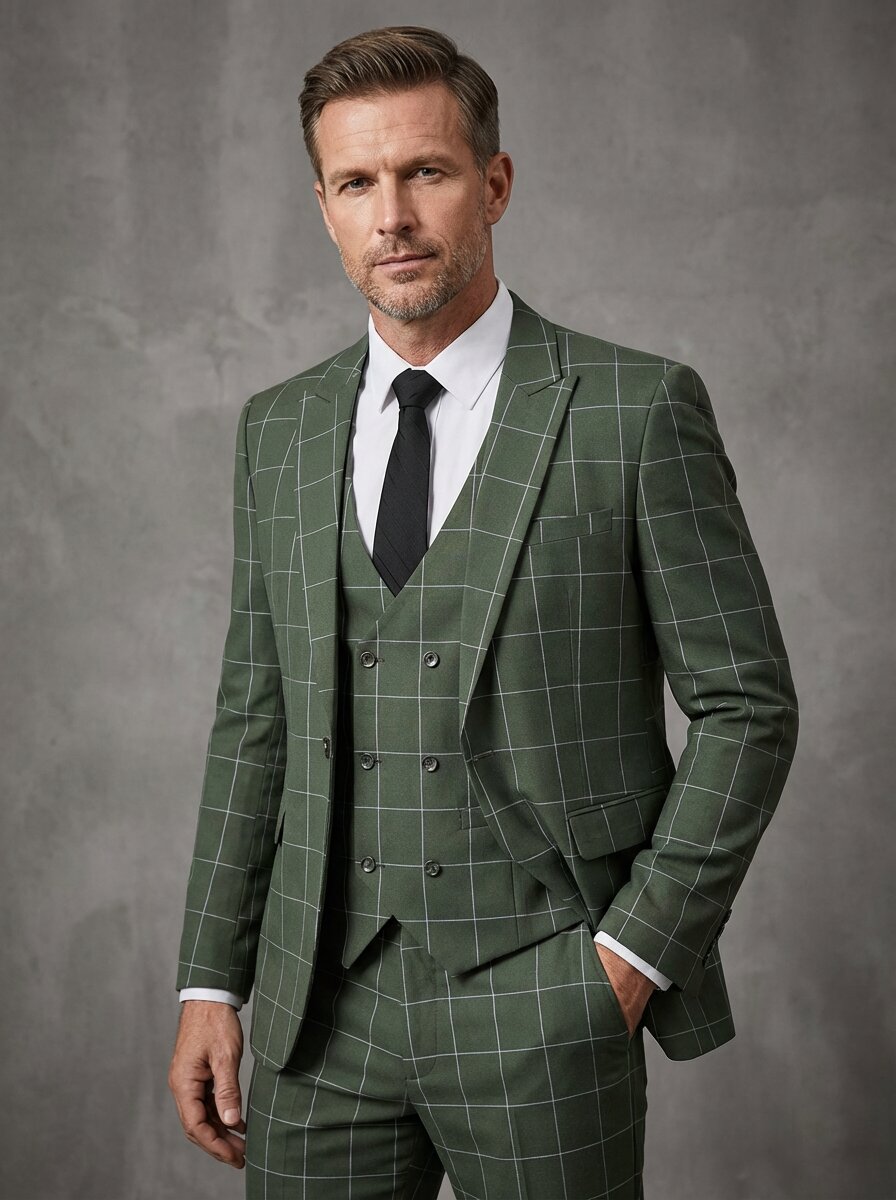 Men's 3 Piece Slim Fit Checked Suit