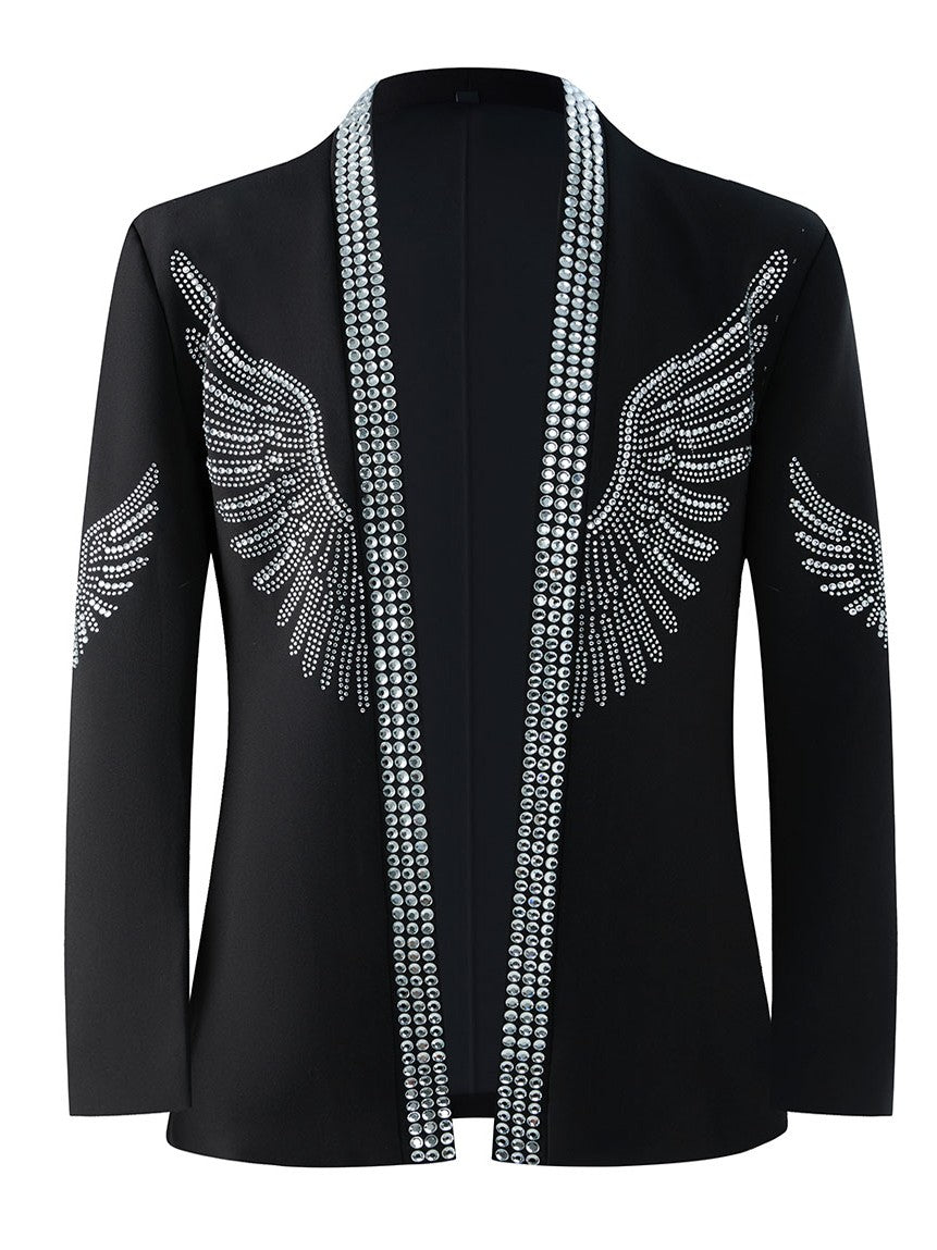 Men’s Black Silver Angel Wing Rhinestone Stage Jacket